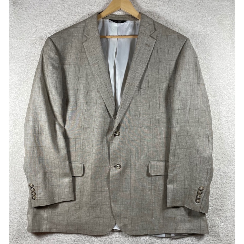 Jos A Bank Linen Silk Wool Executive Blazer 50L Tan Windowpane Plaid Sport Coat - Picture 2 of 14